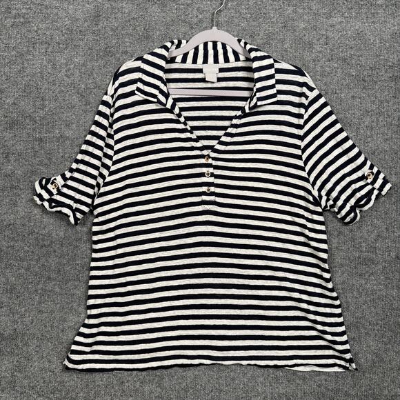 Chico's Size 3 Striped Linen Utility Tee Black White Roll Tab Sleeve Half Button - Picture 2 of 9